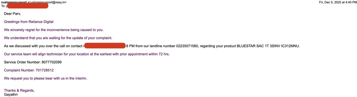 parv_kothari's tweet photo. Paid extra for
@RelianceDigital
resQ extended warranty - promised free service &amp; gas refill. Booked gas refill 27 Nov. 7+ days. No technician. Only false “72 hrs” emails. This is mis-selling. Refund my resQ plan NOW.
@RelianceResQ
@reliancegroup
@jagograhakjago
#ConsumerRights https://t.co/nw1rflSJgJ