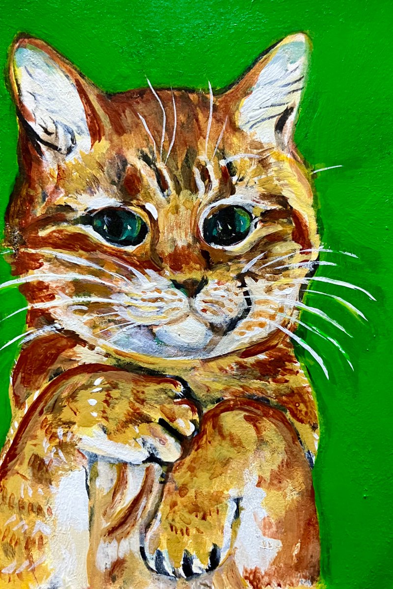 料理する猫のアクリル画 画仙紙に墨で描き損ねた絵をアクリル絵の具で上描き ＃猫ちゃん ＃イラスト