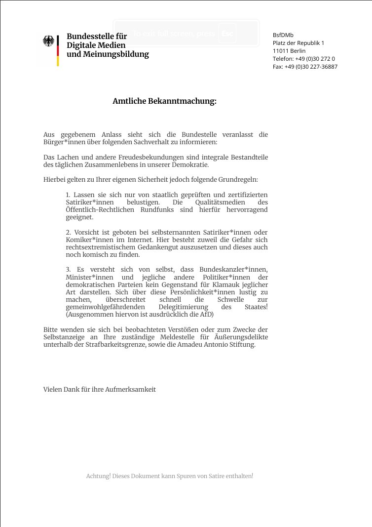 Aus gegebenen Anlass! <a href="/GfD_offiziell/">Gesellschaft für Demokratie </a> und <a href="/ZGIDeutschland/">ZGI</a> bitte um Vebreitung. Endlich klare Handlungsanweisung aus Berlin!

#Zensur #FreeSpeech #Satire