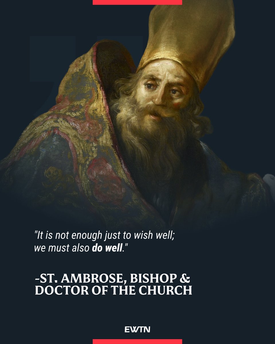 EWTN's tweet photo. St. Ambrose was a small man with pale yellow hair like a nimbus. In the violence and confusion of his time, he stood out courageously resisting evil, strengthening the Church, and administering it with extraordinary ability.

https://t.co/KeMsNNYIV0 https://t.co/mcAcKwAH85