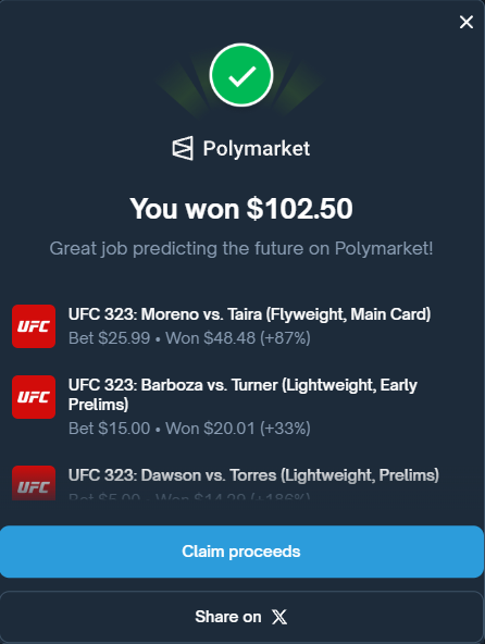 trysteady's tweet photo. I thought I made money, but I lost it. kkkk
Today, #Merab and #Pantoja, whom I trusted, lost.
I lost both money and my heart. 😹
Let's predict the next game again!!! 👊
@Polymarket #UFC https://t.co/X2MGAT8eKq