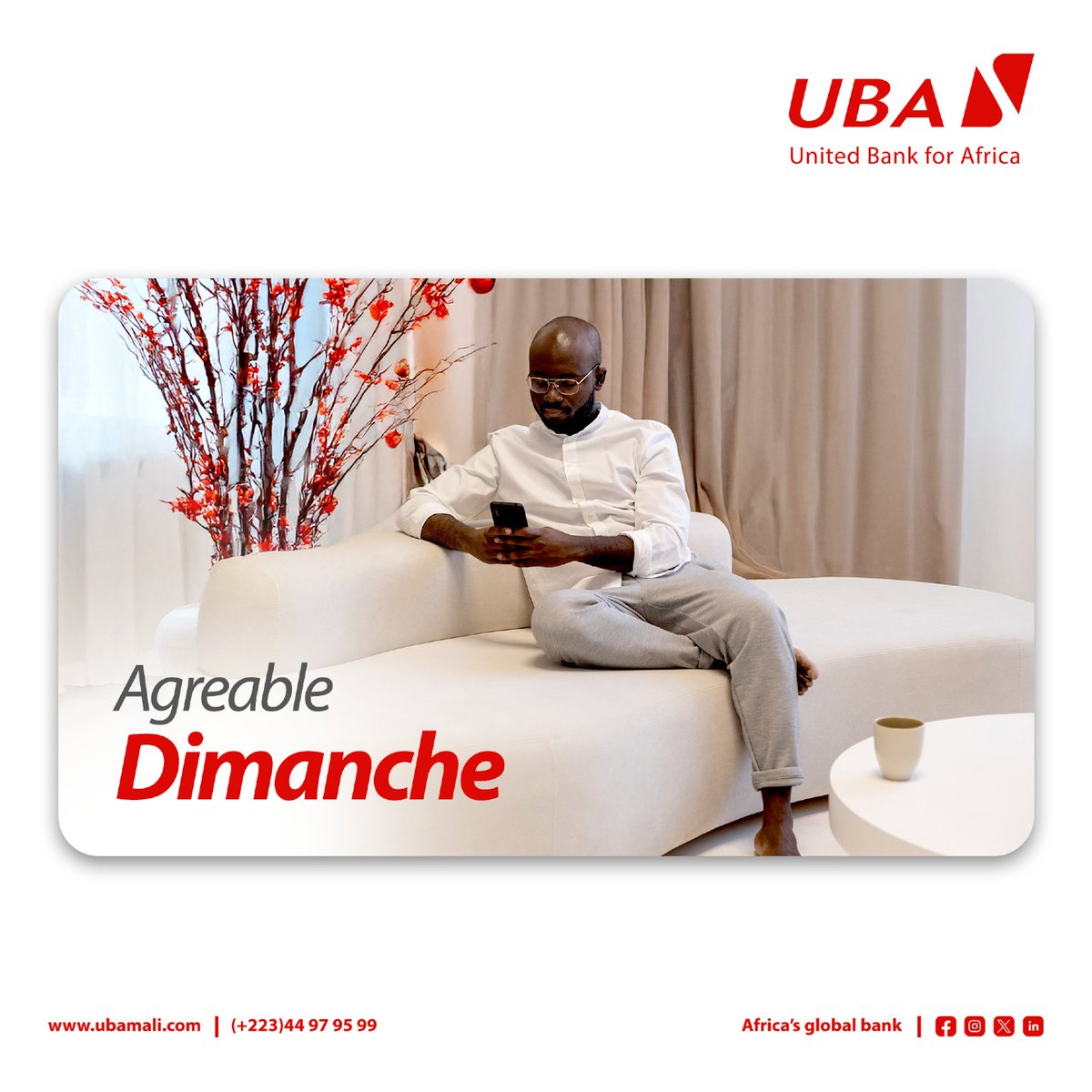 UBA_Mali's tweet photo. Agréable dimanche à tous !
#DimancheRepos #ubamali #AfricasGlobalBank https://t.co/SokdR5Cu0m