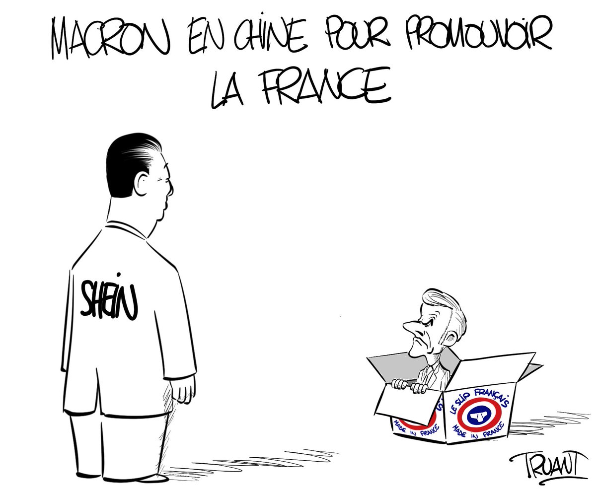 Autre dessin réalisé sur le plateau de <a href="/28minutes/">28 minutes</a> pour ponctuer le débat sur la visite d’Emmanuel Macron en Chine 
#macron #Shein #chine #leslipfrancais
