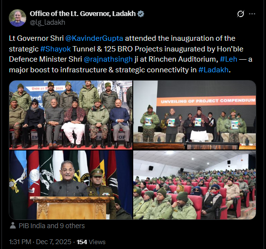 GreaterKashmir's tweet image. Lt Governor Shri @KavinderGupta attended the inauguration of the strategic #Shayok Tunnel &amp;amp; 125 BRO Projects inaugurated by Hon’ble Defence Minister Shri @rajnathsingh ji at Rinchen Auditorium, #Leh — a major boost to infrastructure &amp;amp; strategic connectivity in #Ladakh: @lg_ladakh