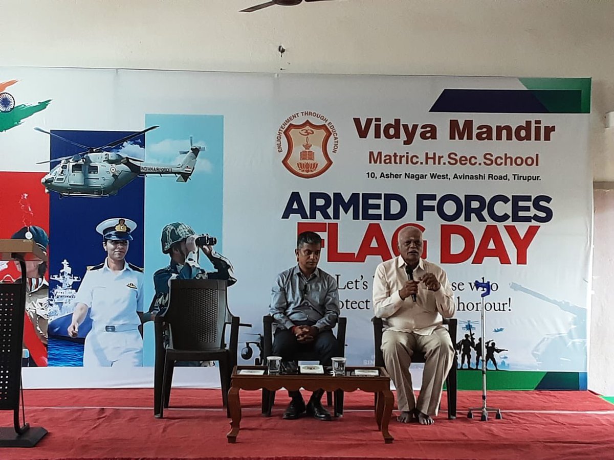 major_madhan's tweet photo. Happy to be part of the #ArmedForcesFlagDay2025 celebrations at Vidhya Mandir School , Tiruppur. The children of the school contributed 50000 to #ArmedForcesFlagDay fund. Heartfelt thank and appreciate the students , teachers and the management of this wonderful school. https://t.co/6nn9ik8kLS