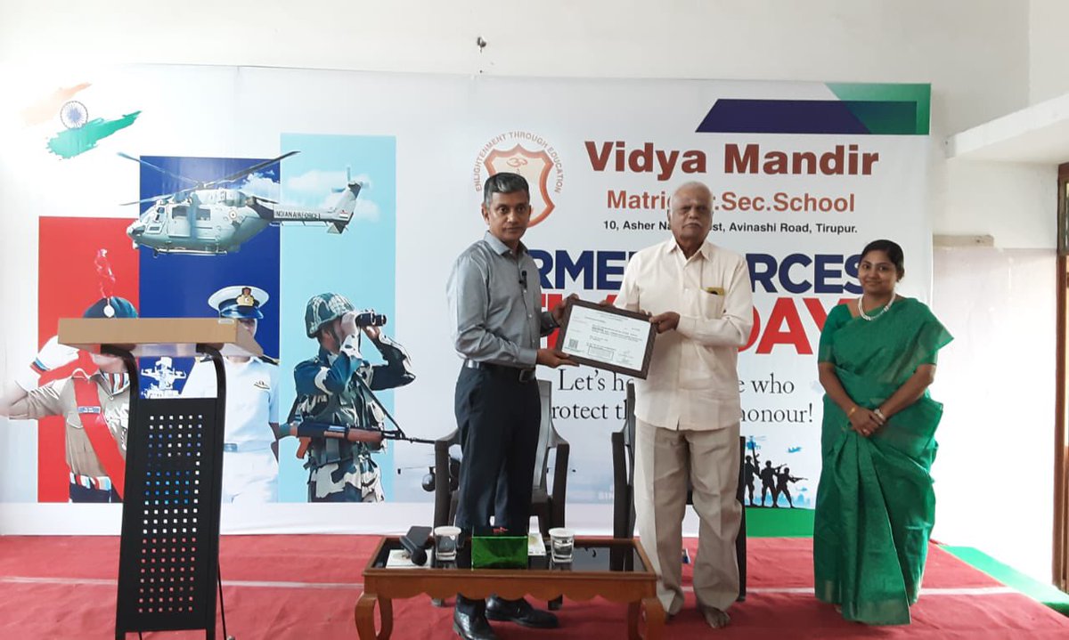 major_madhan's tweet photo. Happy to be part of the #ArmedForcesFlagDay2025 celebrations at Vidhya Mandir School , Tiruppur. The children of the school contributed 50000 to #ArmedForcesFlagDay fund. Heartfelt thank and appreciate the students , teachers and the management of this wonderful school. https://t.co/6nn9ik8kLS