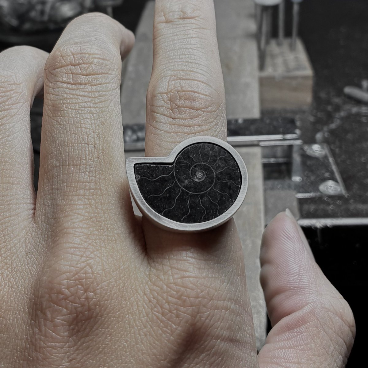 来週の名古屋でやるクリマで出す新作
アンモナイトの化石リング

¥44000で販売予定です

いずれルースも並べてセミオーダーもやりたいと思ってます🐌