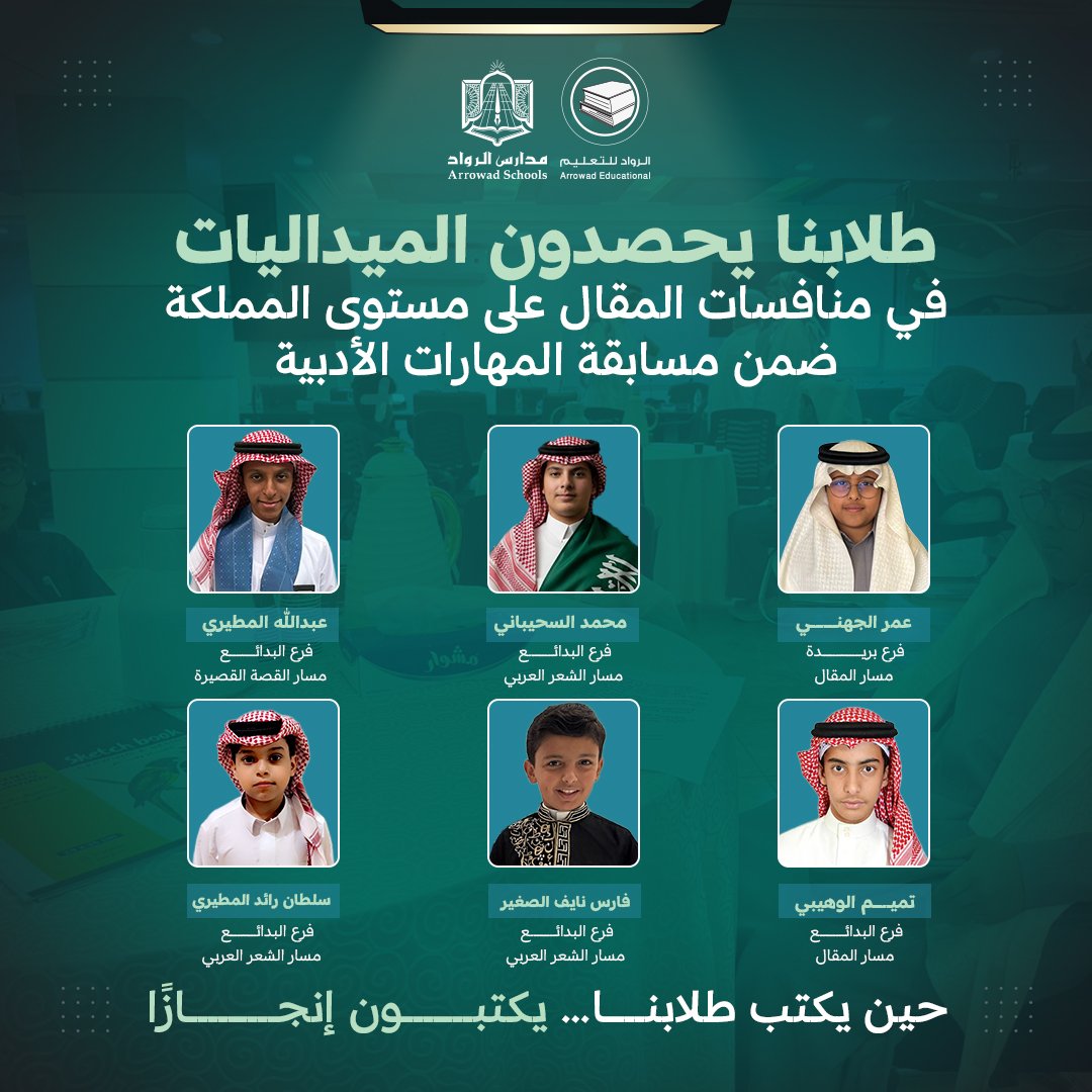 Arrowad_sch's tweet image. 🏅 مدارس الرواد تواصل التميّز بحصد ميداليات في منافسات المقال والشعر العربي ضمن مسابقة المهارات الأدبية على مستوى المملكة.
إنجاز نفخر به ونعتز بطلابنا المبدعين. ✍✨
#مسابقة_المهارات_الأدبية
#شركة_الرواد_للتعليم