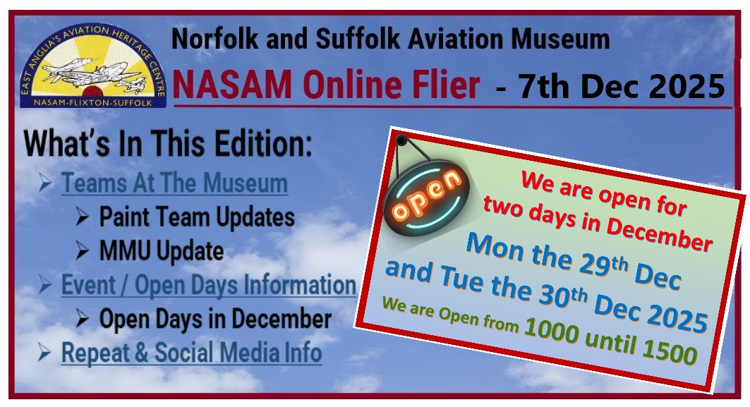 𝗡𝗼𝗿𝗳𝗼𝗹𝗸 𝗮𝗻𝗱 𝗦𝘂𝗳𝗳𝗼𝗹𝗸 𝗔𝘃𝗶𝗮𝘁𝗶𝗼𝗻 𝗠𝘂𝘀𝗲𝘂𝗺 𝗕𝗟𝗢𝗚
This is another short issue, with updates from the Paint Team (Barry) and the MMU (Malcolm). Although now closed, we have two days in December when we are open.

➡️ For more info:  wp.me/p8UmsH-7iq