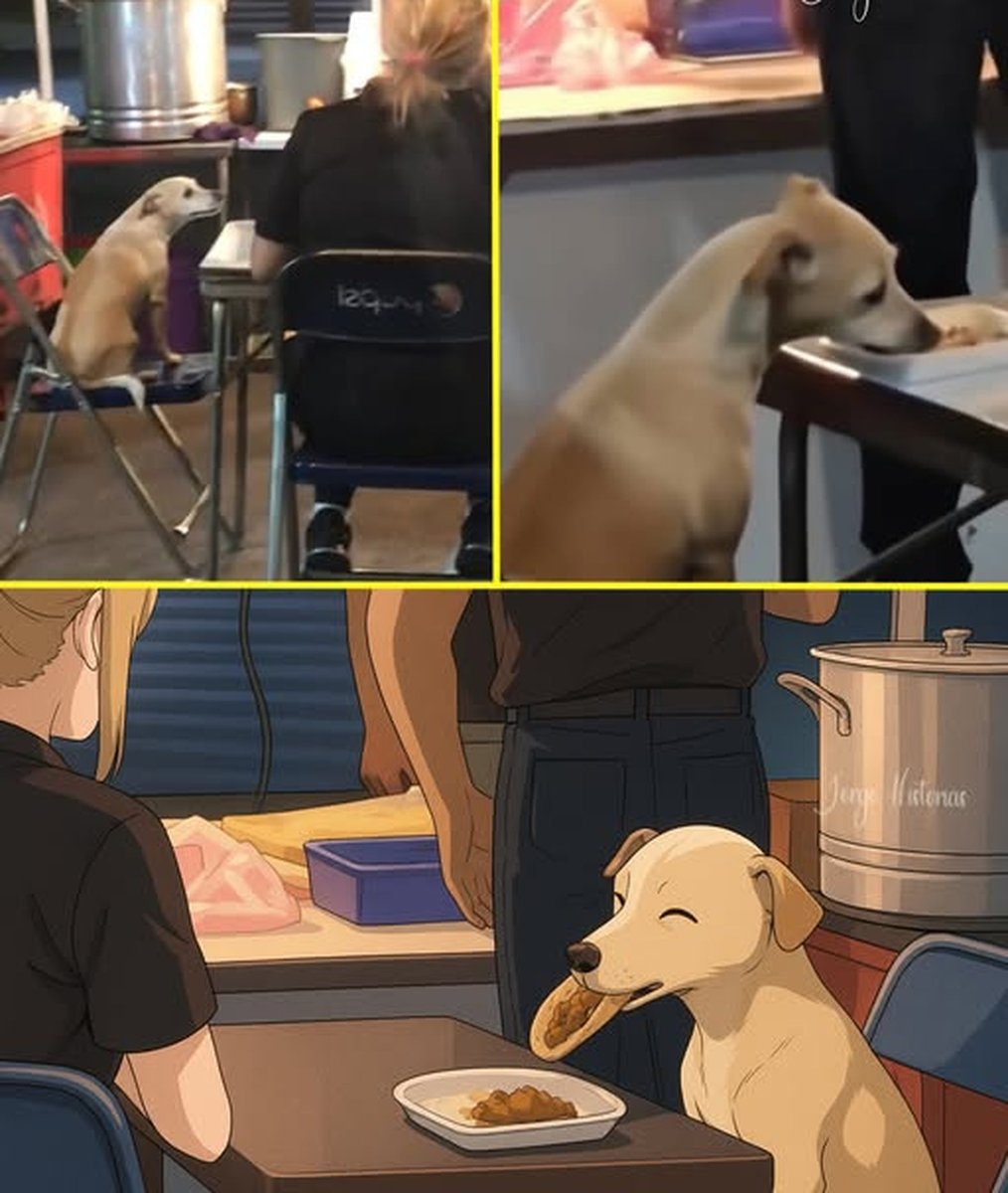 He didn’t bark.
He didn’t beg.
He simply walked up, pulled out a chair, and sat down as politely as any gentleman might right beside the couple enjoying their taquitos at a small street stand.

No fuss, no whining… just those soft, hopeful eyes quietly asking:

“May I join you?”