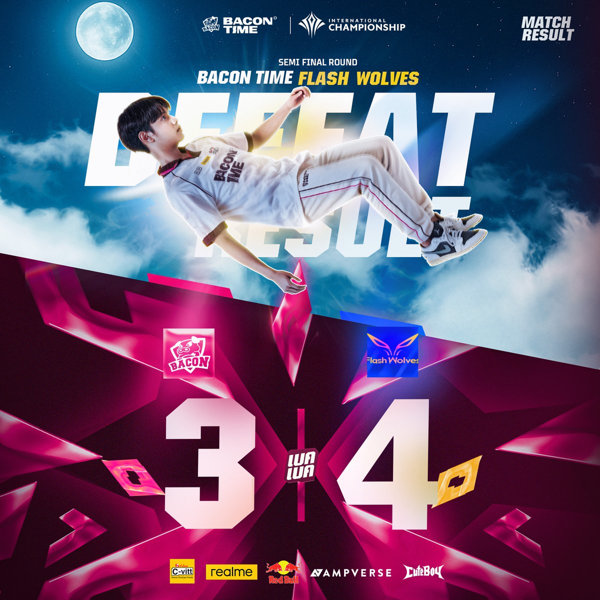 สิ้นสุดเส้นทางของพวกเราในการแข่งขัน #AIC2025 🙏🏻
.
พวกเรา Bacon Time พ่ายแพ้ Flash Wolves ด้วยสกอร์ 3-4 เกม ทำให้จบอันดับที่ 3 ในรายการนี้
.
ขอบคุณทุกๆกำลังใจจากกองเชียร์ที่มอบให้เราเสมอมานะครับ และต้องขอโทษที่เรา ไม่สามารถป้องกันแชมป์รายการนี้ไว้ให้ทุกคน
.
#ทีมBaconTime #Ampverse