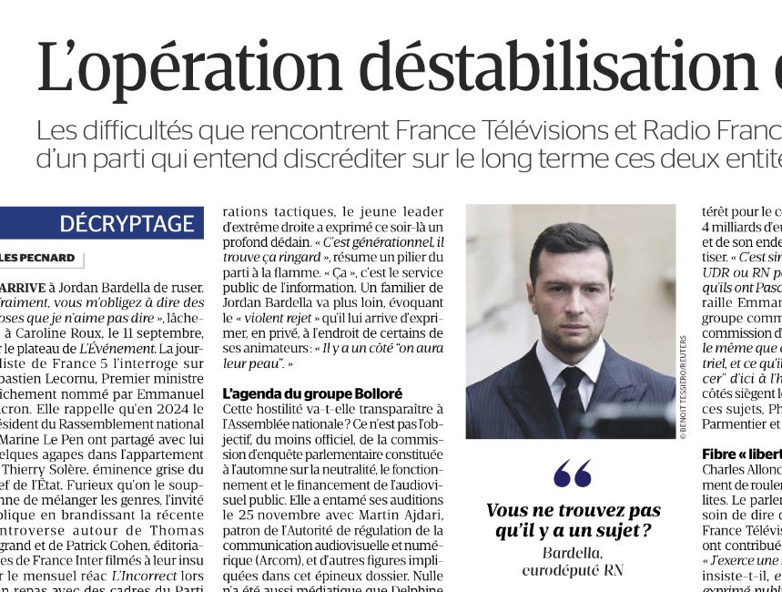 jfporchez's tweet image. Imaginez le RN de Bardella Le Pen au pouvoir: ils vendront les médias publics qui n’obéissent pas à Bolloré et ses amis en échange d’un contrôle de l’information.

C’est l’un des éléments de leur plan machiavélique pour détruire notre démocratie.