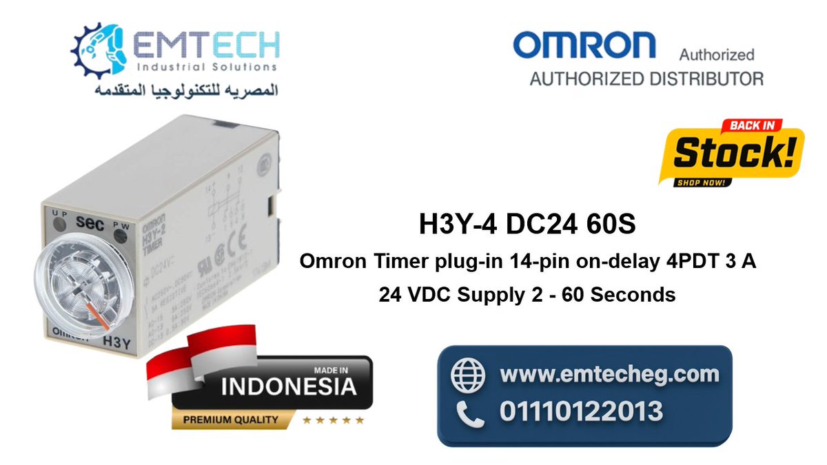 AutomationEgypt's tweet photo. H3Y-4 DC24 60S
Omron Timer plug-in 14-pin on-delay 4PDT 3 A 24 VDC Supply 2 - 60 Seconds #timer
Now Available  #stocks
Could you chat with us?
WhatsApp +201110122013 https://t.co/3UqzzLLxUb