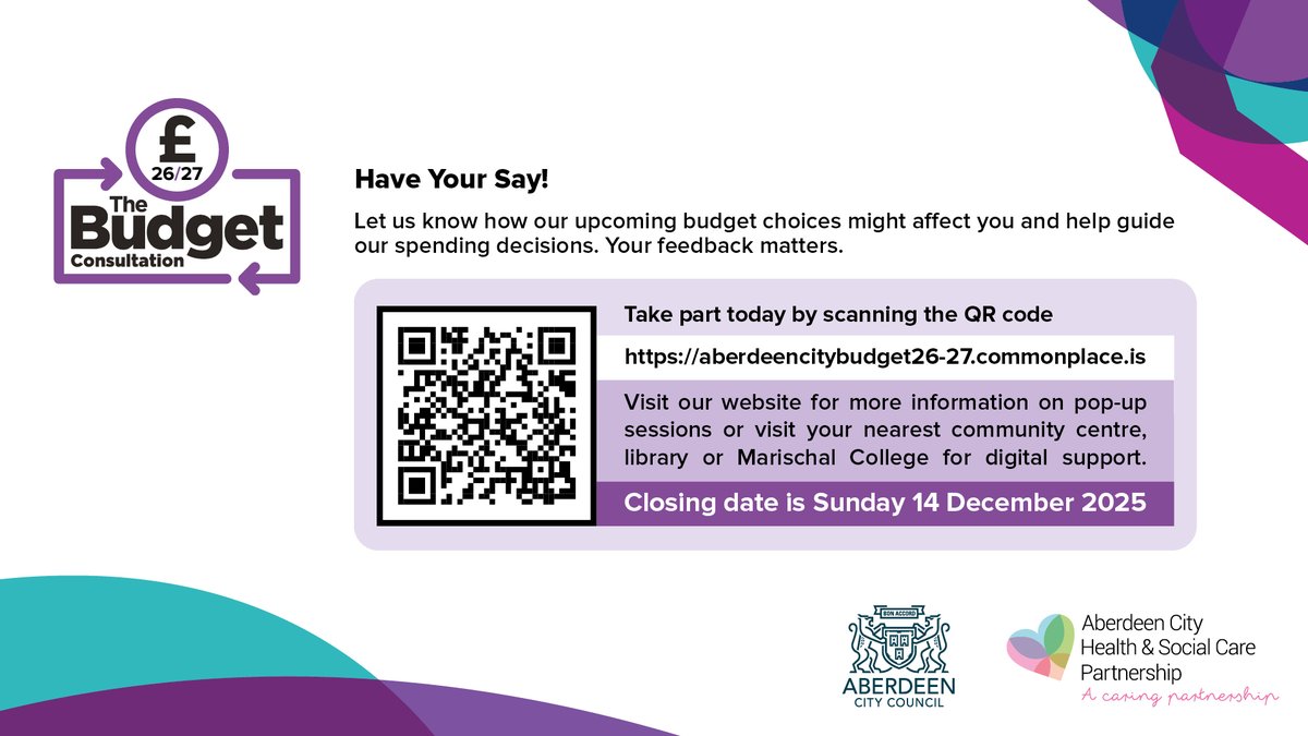 HSCAberdeen's tweet image. There is only 1 weeks left to take part! 
ACHSCP are facing tough choices to balance our £437m budget for 2026/27 🤔 Public consultation is open until 14th Dec 2025. Take part here : orlo.uk/P1emq

#HaveYourSay #JointConsultation @NHSGrampian @AberdeenCC @bonaccordcare