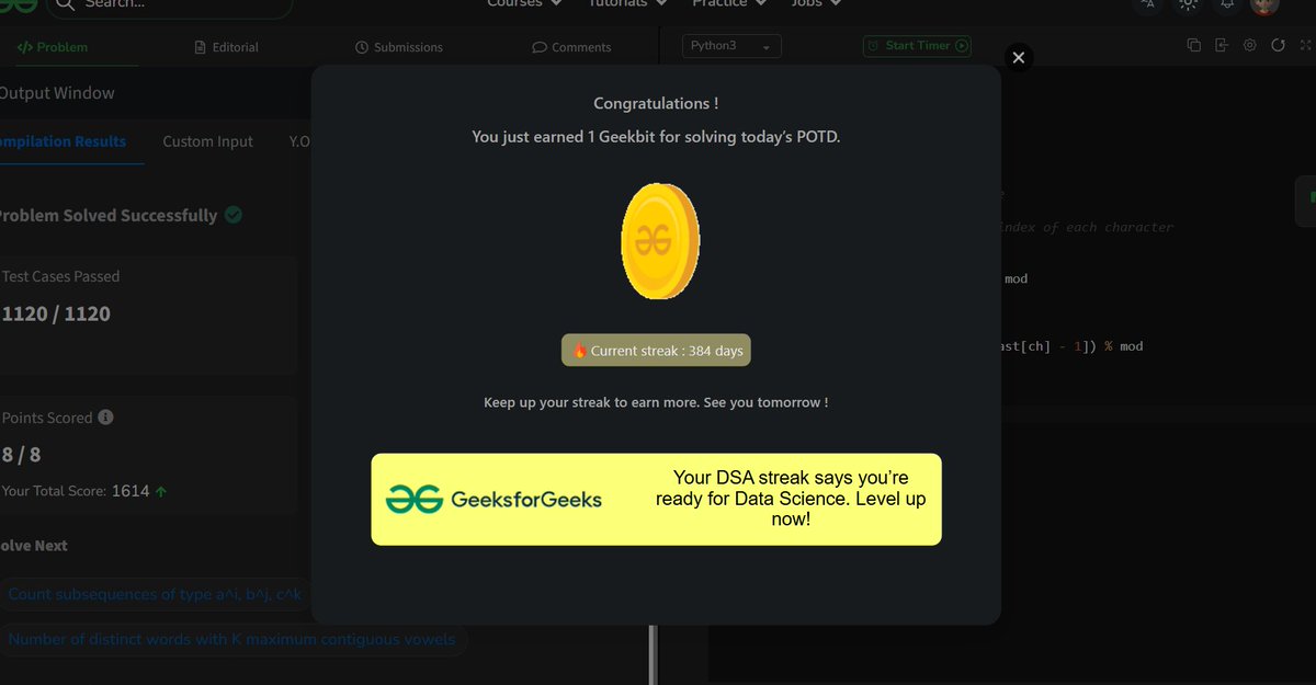 akashasahu07's tweet image. Day - 384
Number of distinct subsequences Problem
💡 Learning never stops. Today’s GeeksforGeeks POTD done — building skill, not just streaks. #geekstreak2025 #GFGPOTD #KeepCoding