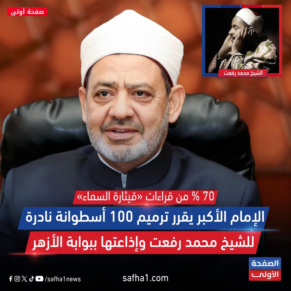 Safha1news's tweet image. 🔵 70 % من قراءات «قيثارة السماء» 
الإمام الأكبر يقرر ترميم 100 أسطوانة نادرة للشيخ محمد رفعت وإذاعتها ببوابة الأزهر
#الصفحة_الأولى 
#safha1news
