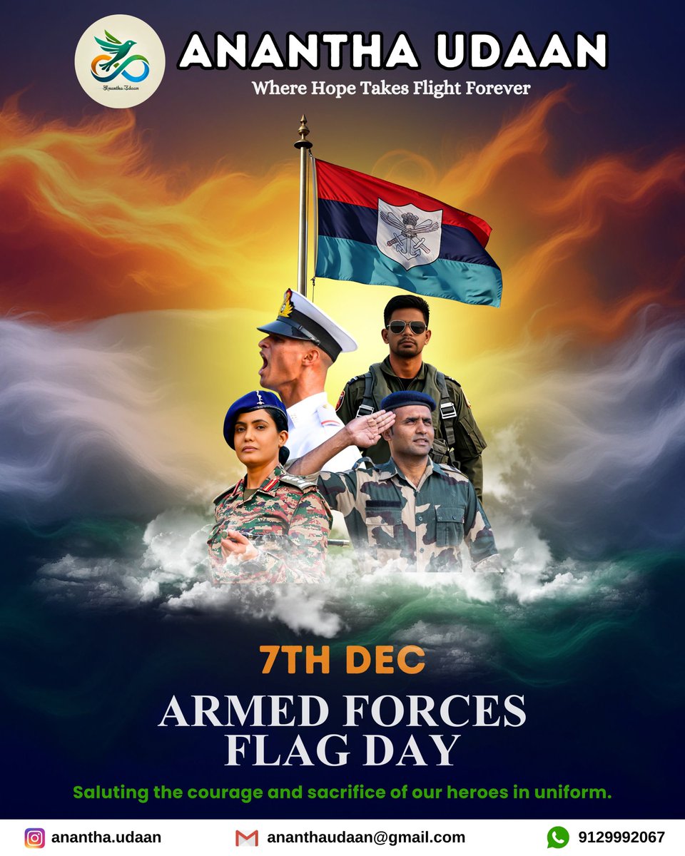 AnanthaUdaan's tweet photo. Rising above the clouds, the flag stands high, protected by the best, saluted by us. 🫡
Thank you, Indian Armed Forces. 🇮🇳

Happy Armed Forces Flag Day  🎖️

#AnanthaUdaan #ArmedForcesFlagDay #FlagDay #IndianArmedForces #JaiHind #SaluteTheHeroes https://t.co/mH76x40AYw