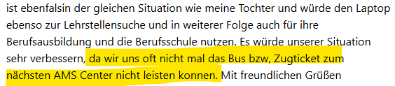 eine Nachricht aus der sozialen Hängematte, von der die Rechten immer fantasieren. Die Familie braucht einen Computer zwecks Arbeitssuche und für die Schule. Aus dem Projekt digilehre.at stellen wir natürlich einen zur Verfügung 

pcsfueralle.at