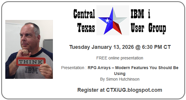 Tuesday January 13, 6:30 PM (CT), <a href="/CTXiUG/">Central Texas IBM i User Group</a> welcomes <a href="/RPGPGM/">Simon Hutchinson</a> Simon Hutchinson as our guest speaker. He is a great speaker &amp; it would be a shame if you miss it. This event is online &amp; FREE➡️
ctxiug.blogspot.com/2025/12/januar…

See y’all there!

#IBMi #IBMChampion #SupportOurIBMLUG #IBMiLUG