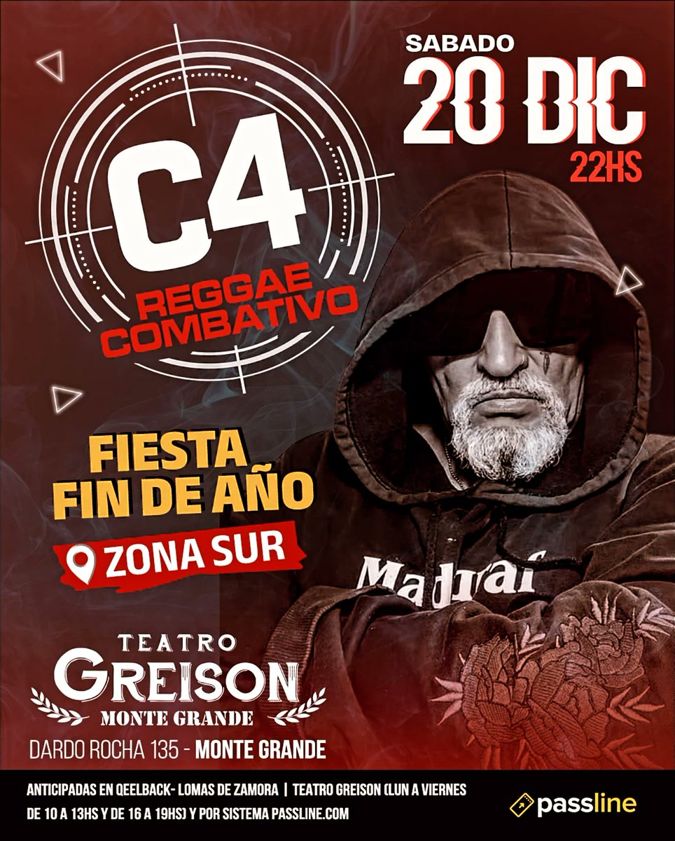 FIESTA FIN DE AÑO EN ZONA SUR!!!
Sabado 20 de Diciembre 22:00 horas en Teatro Greison, Dardo Rocha 134 MONTE Grande.
Anticipadas en:
Qeelback de Lomas de Zamora 
Teatro Greison ( Lunes a Viernes de 10 a 13 y 16 a 19 hs)
Y por sistema Passline 👇🎵👇
passline.com/eventos/c4-en-…