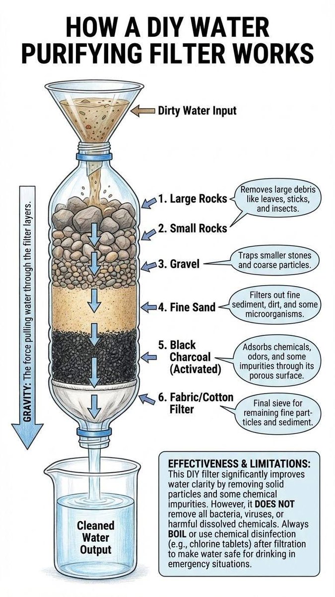 Lee_Fabricee's tweet image. 𝐃𝐈𝐘 𝐖𝐀𝐓𝐄𝐑 𝐏𝐔𝐑𝐈𝐅𝐈𝐂𝐀𝐓𝐈𝐎𝐍 𝐅𝐈𝐋𝐓𝐄𝐑: 𝐒𝐈𝐌𝐏𝐋𝐄 𝐀𝐍𝐃 𝐄𝐅𝐅𝐄𝐂𝐓𝐈𝐕𝐄

Clean water is essential for health and survival, especially in emergencies or outdoor situations.

The image below demonstrates a homemade water-purification filter that can turn…