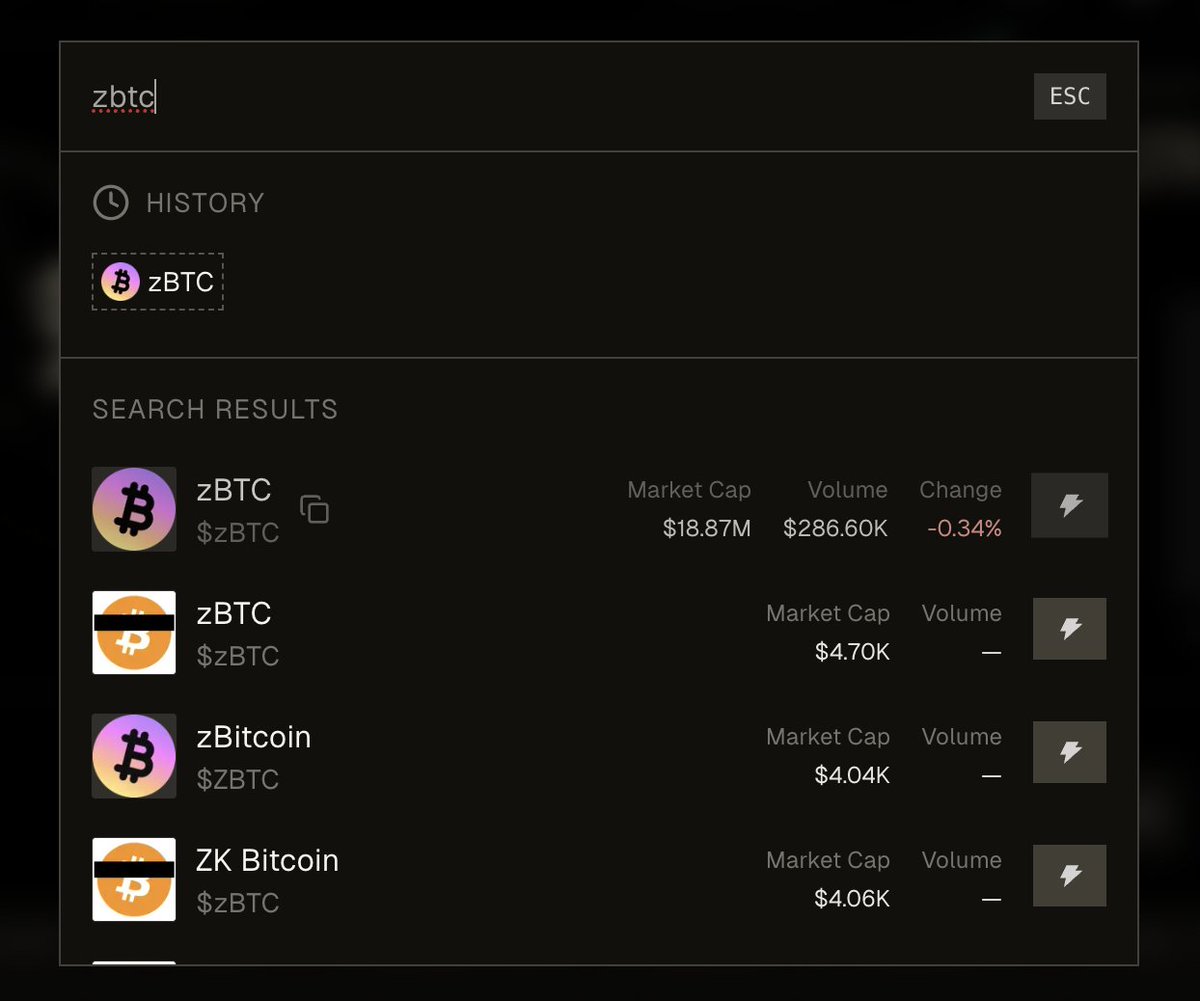 Cleopetra インターフェース内の zBTC トークン詳細