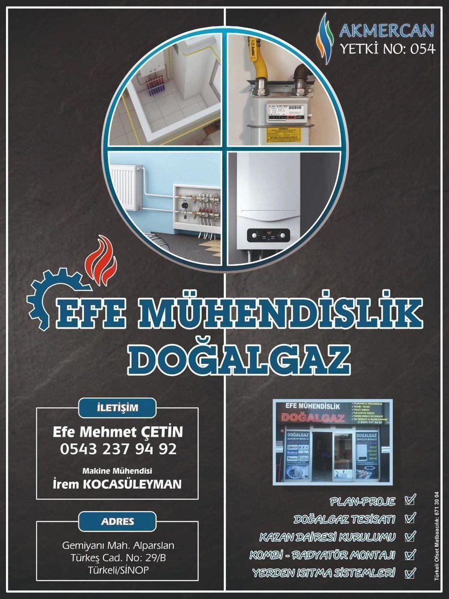 📌 EFE MÜHENDİSLİK

👉 DOĞALGAZ DÖNÜŞÜM MERKEZİ

🔹Mehmet Efe ÇETİN
📞 0543 237 94 92

📍Gemiyanı Mah. Alparslan Türkeş Cad. No: 29/B Türkeli/SİNOP

#türkeli #turkeli #sinop #karadeniz #türkelihaber #türkeligazetesi #türkelihaberleri #türkeliofset #turkelihaber #türkelininSesi