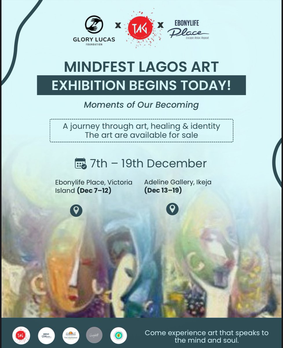 Glorylucasfound's tweet photo. Our exhibition Moments of Our Becoming opens today! 💙✨ All artworks are on sale, and 20% of proceeds support GLF’s mental health programs for teens. Come explore, reflect, and collect. 📍 VI (Dec 7–12) | Ikeja (Dec 13–19) #ArtForChange #GLFImpact https://t.co/WB7oNaSFrK