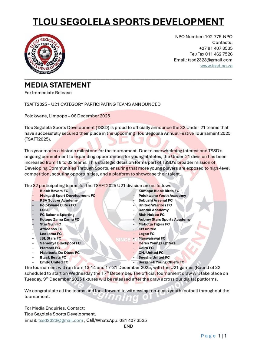 TeamTSSD's tweet image. FOR IMMEDIATE RELEASE

We’re excited to reveal the 32 Under-21 teams that will be participating in #TSAFT2025, marking our biggest step yet in youth development. 

#TSSD #TheBeginningOfTomorrow
