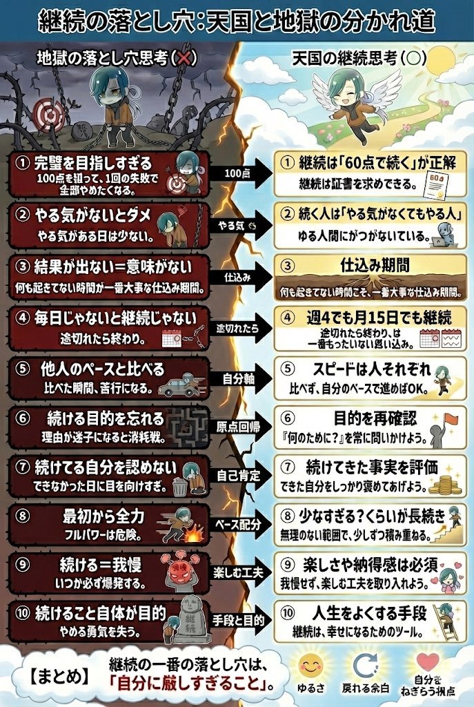 【継続の落とし穴　地獄 or 天国！？】
継続が苦しくなる原因は、
行動量じゃない。⇒考え方がズレること。

継続が止まりやすい人ほど
次の10個にハマりやすい。。。≪要注意！≫