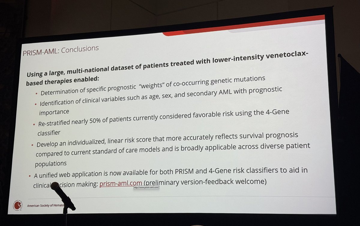 PRISM Score is the new “IPSS-M” risk stratification &amp; prognostication of newly Dx AML Tx with HMA/Ven. Fantastic presentation by <a href="/CLachowiez/">Curtis Lachowiez</a> &amp; privilege to be part of this analysis <a href="/UNC_Lineberger/">UNC Lineberger</a> . You can calculate score at prism-aml.com <a href="/ASH_hematology/">ASH</a> #ASH2025