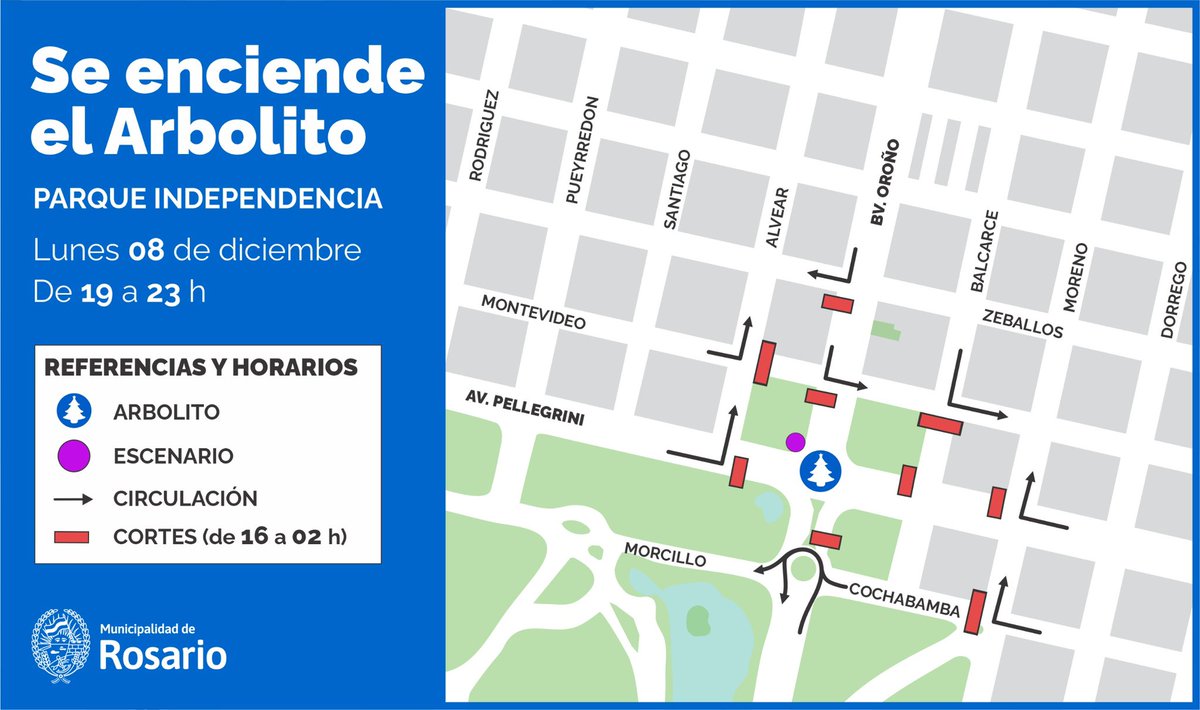 SE ENCIENDE EL ARBOLITO
Este lunes 8, se enciende el Arbolito en Av. Pellegrini y Bv. Oroño, de 19 a 23 h.
🚧 Habrá cortes en la zona de 16 a 02 h.
🗺️ Te dejamos el mapa para que sepas por dónde circular.
#ControlyConvivencia