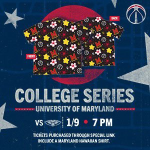 Join us at Maryland Night at the Wizards Friday Jan 9th to welcome home Derik Queen! 

First 50 tickets: Entered to win a slot in the Fan High-Five Tunnel
All Tickets (while supplies last): Wizards x Maryland Hawaiian shirt

Buy your tickets here: umd.alumniq.com/.../events.../…