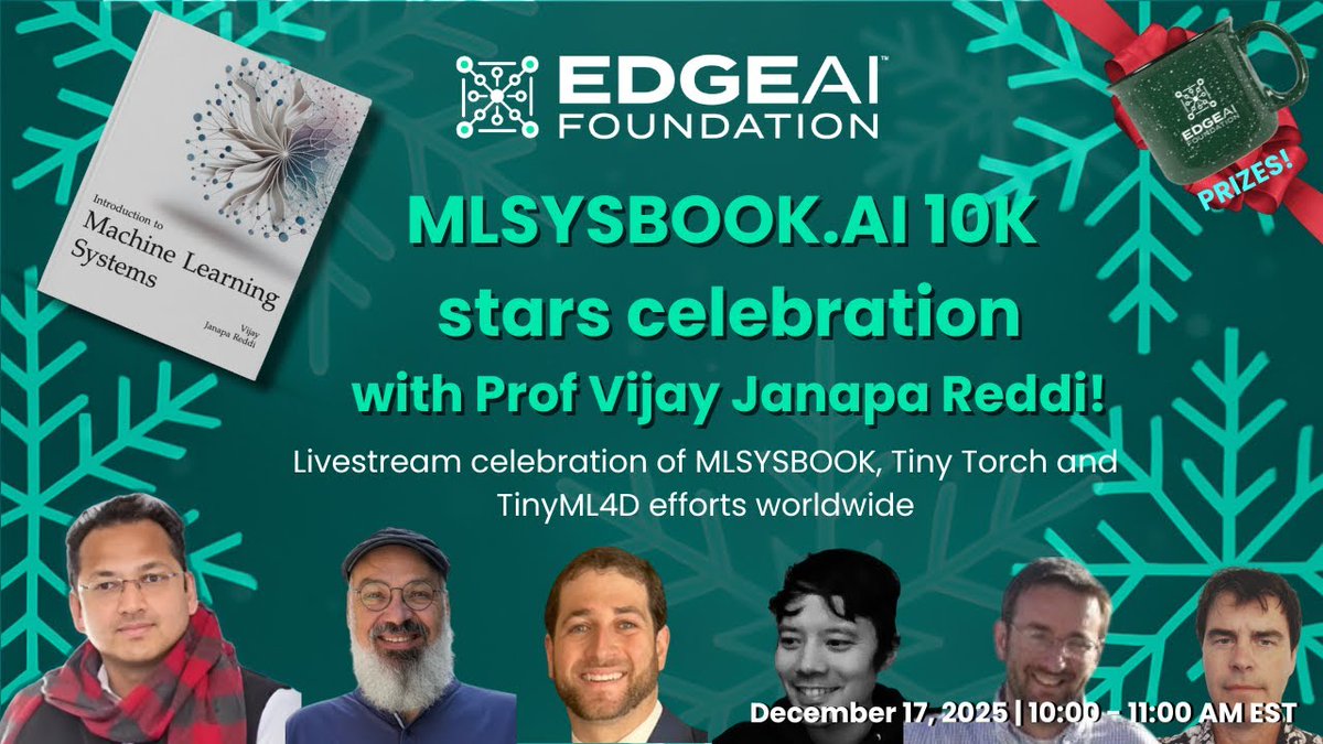 arduino's tweet image. 🌟 MLSYSBOOK.AI 10K GitHub stars celebration!

Join co-hosts Pete Bernard and Ed Doran, plus special guest Prof. Vijay Janapa Reddi, for a look at TinyML4D&apos;s biggest breakthroughs. Cap it off with an exclusive AMA on November 17th at 10am ET! youtube.com/live/EKMyJDD9m…