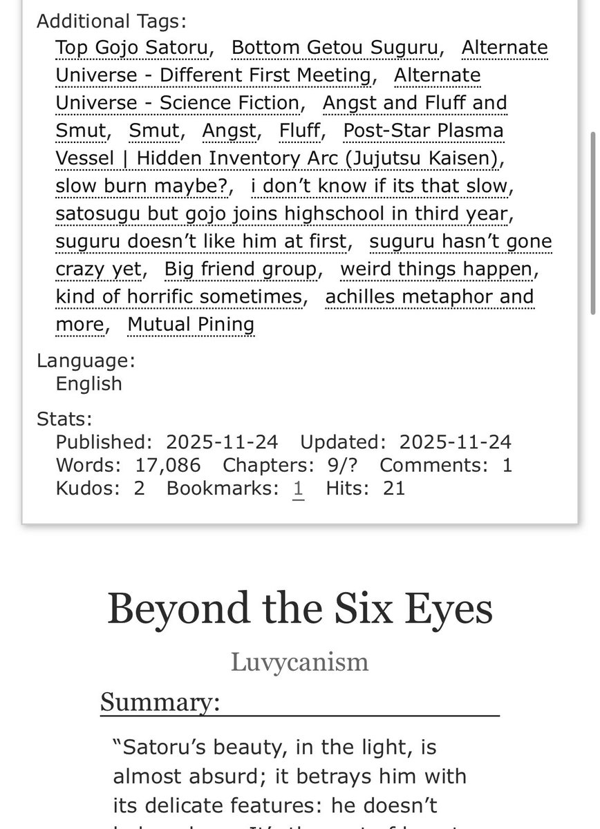 lu_vycanism's tweet image. Beyond the Six Eyes, by Luvycanism (me)

#goge #gogeff #jjkff #satosugu 

✩ Goge fanfiction 
✩ Different meeting, same universe 
✩ Sci-Fi, original ideas
✩ Smut 🔞, Fluff, Angst
✩ Achilles metaphor and more 
✩ Still going, 25 ch in my drafts

archiveofourown.org/works/74725246…
