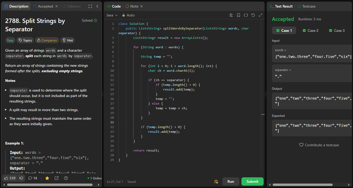 coder_s_Snippet's tweet image. #DailyCodingChallenge
Day 266
Task: Split each word using a given separator and return only non-empty parts.
Solution: Manually parse characters: build substrings, add them when hitting the separator, and skip empty results.
#LeetCode