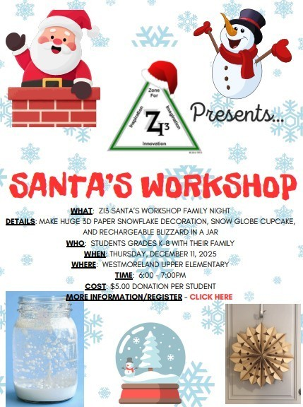 This Thursday, Santa is making the trek to the Upper Elementary for his ZI3 workshop! You'll be able to make snowflakes, cupcakes and more! Click the link to register! docs.google.com/forms/d/e/1FAI…
