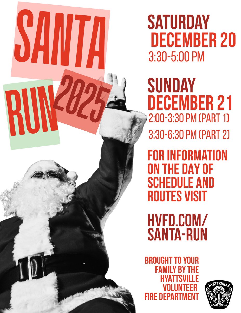 📣 🎅 Santa is coming to Hyattsville &amp; University Park in 2025! We are pleased to announce that Santa is coming on December 20th &amp; 21st. Follow us here for more updates or check out our website link here: hvfd.com/santa-run/. 

<a href="/HyattsvilleMD/">City of Hyattsville</a> 
<a href="/HyattsvillePD/">Hyattsville Police Department</a>