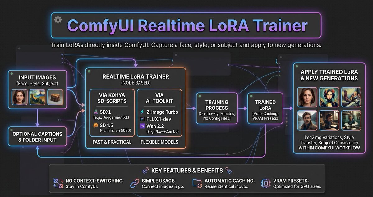 wildmindai's tweet photo. Train LoRAs on-the-fly inside ComfyUI; a wrapper for sd-scripts &amp; AI-Toolkit; 
- SDXL, SD1.5, Z-Image, FLUX &amp; Wan2.2; 
- no config files, just connect images &amp; train.
https://t.co/UJweVGixmb https://t.co/wtjclGWGfs