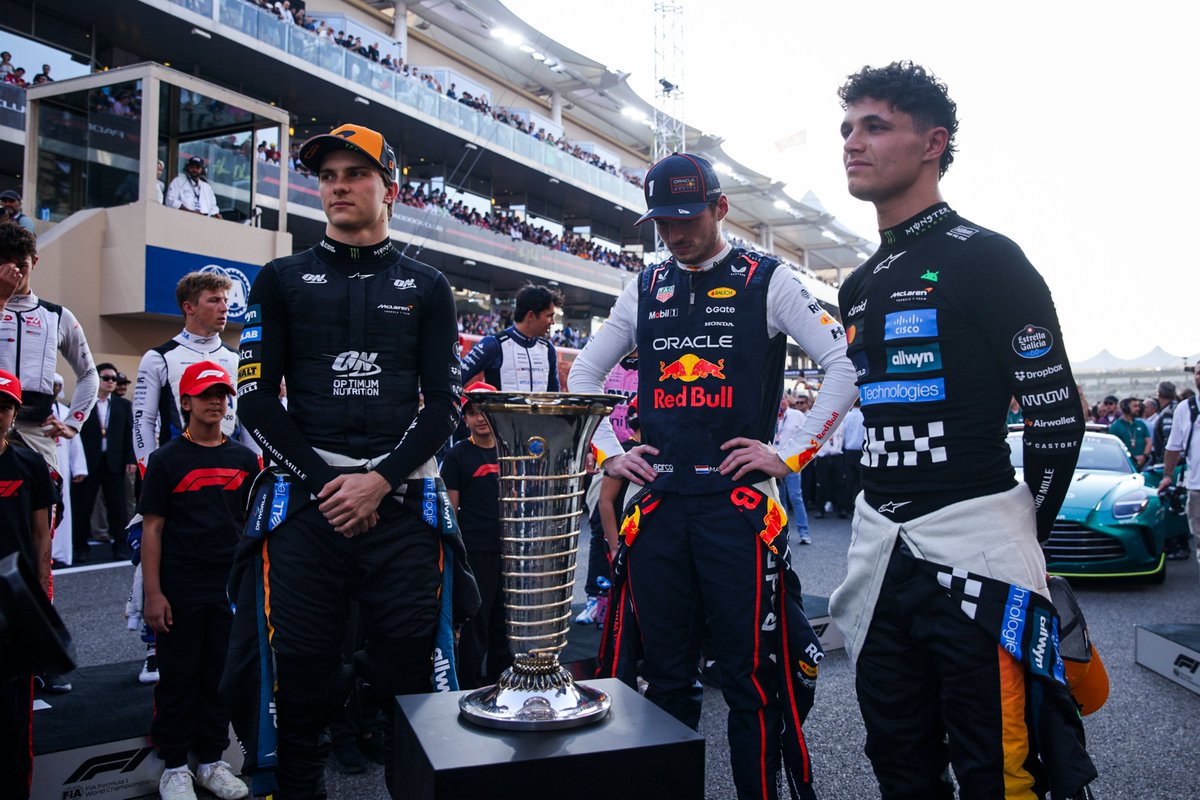 fia's tweet photo. Max Verstappen wins the season finale in Abu Dhabi but came just 2 points short of his fifth World Championship title.

Oscar Piastri finishes second, Lando Norris secures third to claim his first World Championship title.

#FIA #F1 #AbuDhabiGP https://t.co/sFM1pVuQty