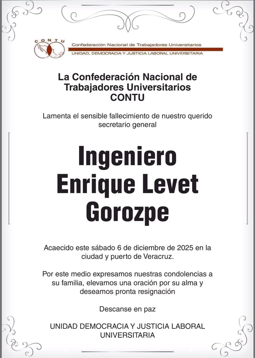 Con profunda tristeza les informamos que este sábado 6 de diciembre falleció nuestro secretario general, el Ing. José Enrique Levet Gorozpe, por lo que desde aquí enviamos nuestras más sentidas condolencias a su familia esperando que encuentren pronta resignación.