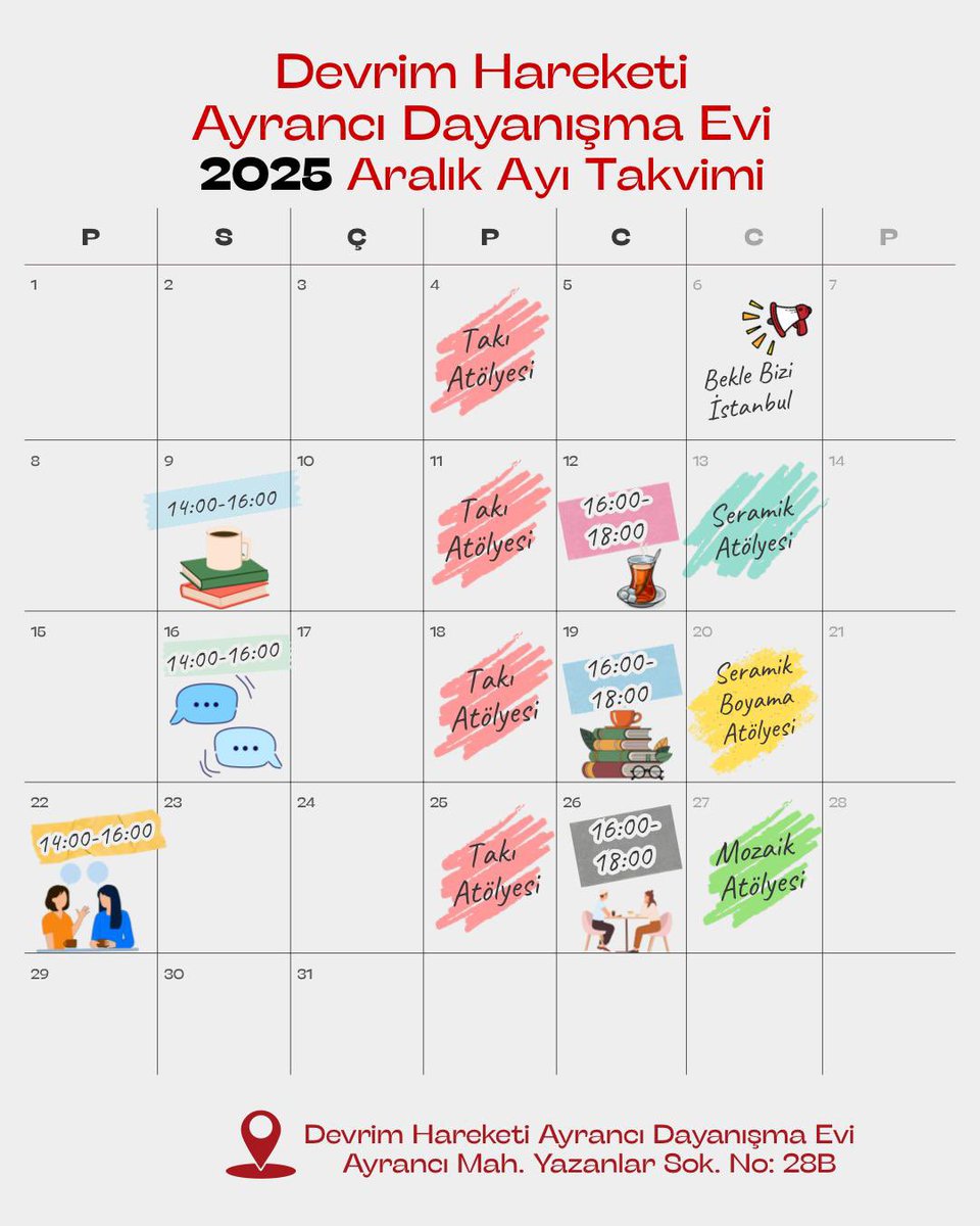 📢 Aralık ayı Devrim Hareketi Ayrancı Dayanışma evi etkinlik ve buluşma takvimi yayında!

Birlikte düşünmek, birlikte üretmek, birlikte planlamak için tüm yurttaşlarımızı Dayanışma Evimize davet ediyoruz.

Dayanışmayı ve mücadeleyi birlikte büyütelim!