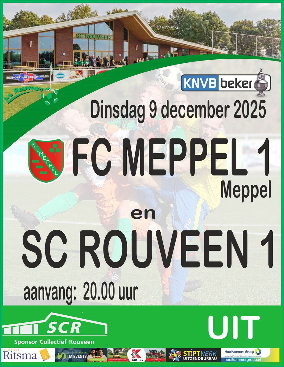 Dinsdagavond 20.00 uur in Meppel,
tussenronde KNVB beker,
<a href="/FCMeppel/">FC Meppel</a> - <a href="/scrouveen/">S.C. Rouveen</a>