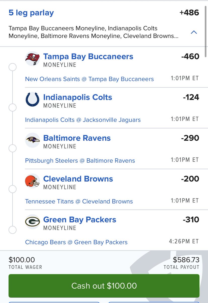 12/7 💣 

Moneyline Parlay (+486)

Tampa Bay Buccaneers
Indianapolis Colts 
Baltimore Ravens 
Cleveland Browns 
Green Bay Packers 

Five teams five wins five hundred $$