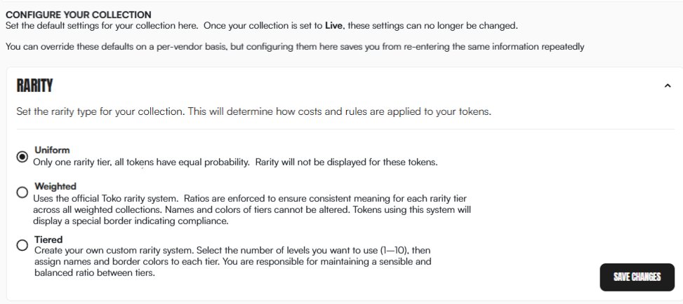 Toko will offer flexible rarity options without the hassle. You’ll be able to choose equal rarity, preset ratios, or fully custom tiers. Set it once and every vendor will follow automatically. Makes the whole process a lot easier. 🫡#TOKO #ICP