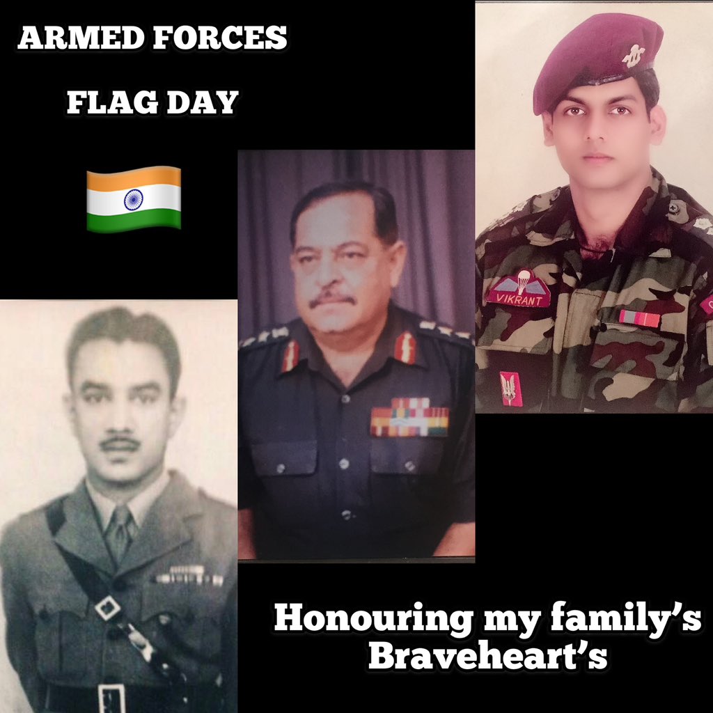 Indian Armed Forces Flag Day 🇮🇳

Three generations in uniform in one frame, three lifetimes of courage, duty, sacrifice.
Colonel E Francis : 12 RajRif
Colonel Vikram Kumar Jaitly( SM) : 17/16 Kumaon 
Major Vikrant Kumar Jaitly: 3 Para SF 

Flag Day is not just a date on the