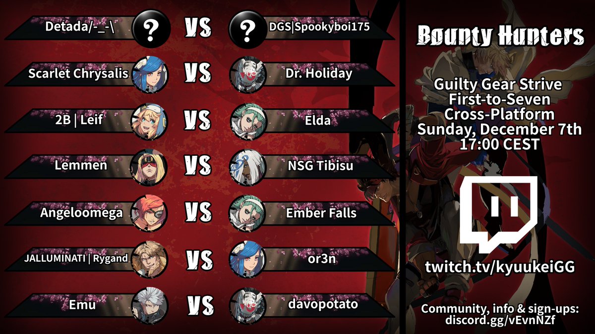 Entering December with wintery vibes and a stacked card! The following gamers can be spotted in our GGST show-matches today on Bounty Hunters, starting at 5PM CET, and bringing you seven FT7 bouts to spice up your Sunday evening.

See you @ twitch.tv/kyuukeiGG in 15 minutes!