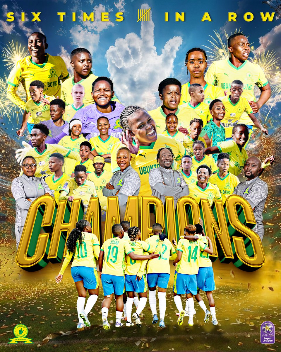 iDiskiTimes's tweet image. 🏆 𝗦𝗜𝗫-𝗧𝗜𝗠𝗘 𝗖𝗛𝗔𝗠𝗣𝗜𝗢𝗡𝗦 🏆

Mamelodi Sundowns Ladies have been crowned Hollywoodbets Super League champions for the sixth consecutive season after they hammered TS Galaxy Queens 4-0 at the Lucas Moripe Stadium in Atteridgeville on Sunday.