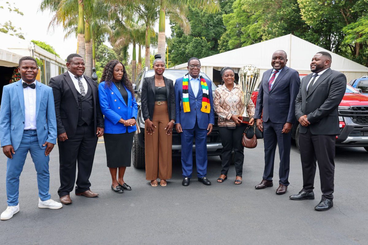 edmnangagwa's tweet photo. I honoured three outstanding athletes by awarding them vehicles. 

Tabeth Mutinhiri, captain of Herentals Queens, was recognised for leading her team to victory in the Women’s Football League. 

Emmanuel Jalai, captain of Dynamos Football Club, was honoured for guiding his team to win the Chibuku Super Cup.

Sikandar Raza, captain of the Chevrons, was recognised for his exceptional performances and for rising to the world’s number one ODI all-rounder ranking.

I commend these athletes for their dedication and excellence, which continue to uplift Zimbabwe’s sporting profile.

#Zimbabwe #Football #Cricket #Excellence