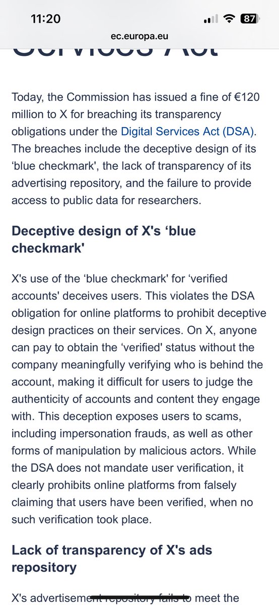 JMPSimor's tweet image. For those who actually care about the truth (not the VP of the USA), the Commission fine on X has NOTHING to do with censorship or free speech. Nothing. It is about transparency obligations &amp;amp; the blue tick misleading.